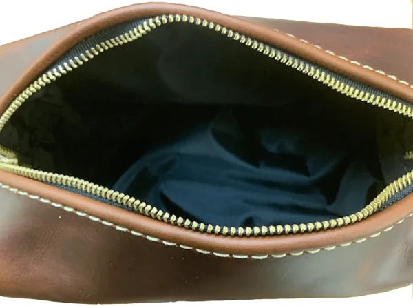 Dopp Bag: Leather Dopp Bag With Timeless Razor Logo: Oxford Brown