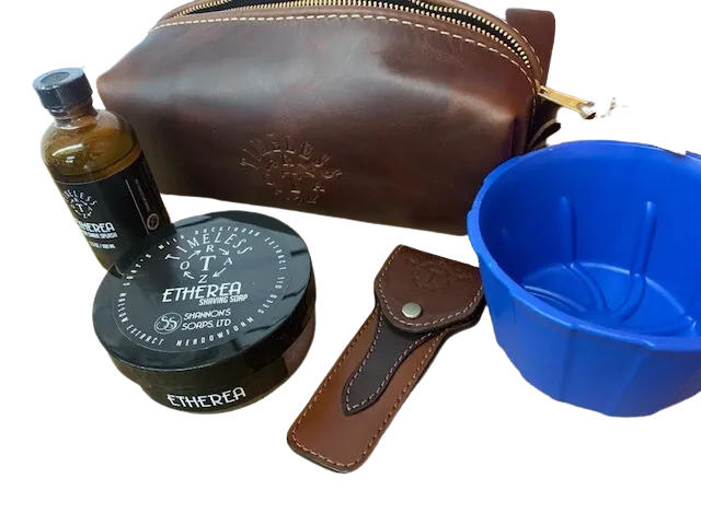Dopp Bag: Leather Dopp Bag With Timeless Razor Logo: Oxford Brown