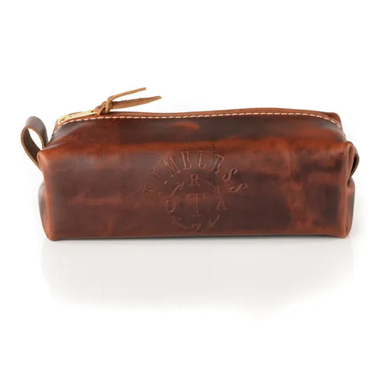 Dopp Bag: Leather Dopp Bag With Timeless Razor Logo: Oxford Brown