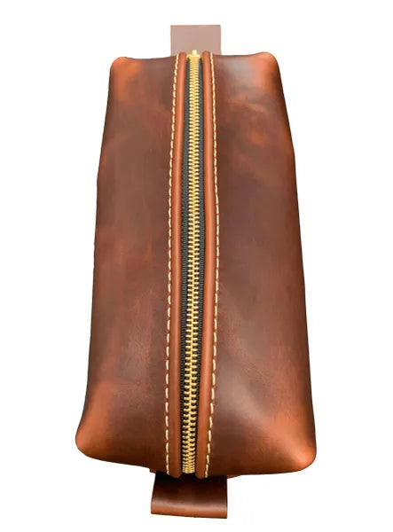 Dopp Bag: Leather Dopp Bag With Timeless Razor Logo: Oxford Brown