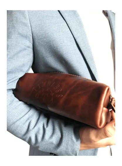 Dopp Bag: Leather Dopp Bag With Timeless Razor Logo: Oxford Brown